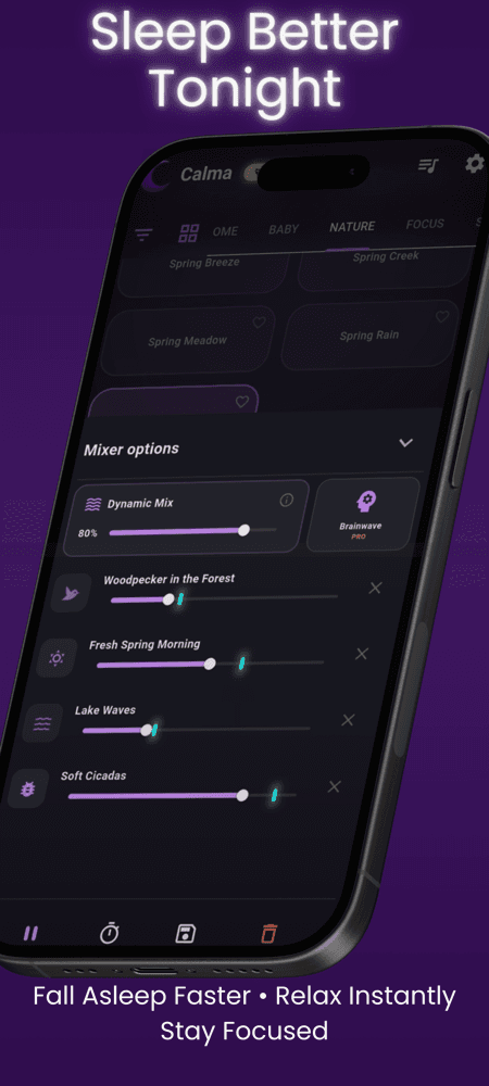 Calma mobile app interface showing a list of sleep sounds and relaxation categories
